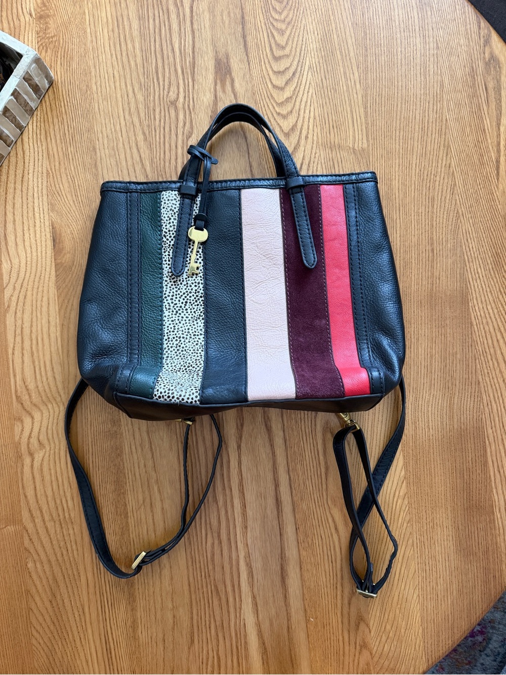 Fossil Black Leather Backpack Tote with Multicolor Vertical Stripes